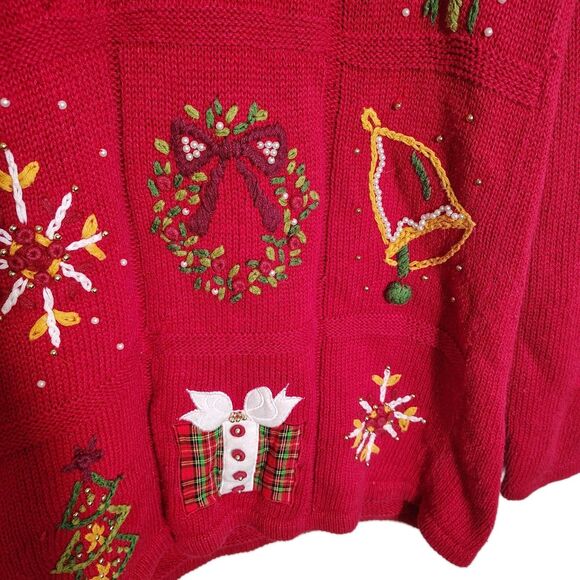 Vtg Kathy Lee Christmas Sweater Medium Retro Red Embroidered Holiday Ornaments - Picture 6 of 10